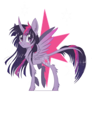 Size: 716x960 | Tagged: safe, artist:silbersternenlicht, twilight sparkle, alicorn, classical unicorn, pony, g4, alternate design, cloven hooves, colored wings, colored wingtips, cutie mark background, female, fluffy, horn, leonine tail, mare, simple background, solo, transparent background, twilight sparkle (alicorn), unshorn fetlocks