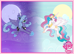 Size: 720x531 | Tagged: dead source, safe, princess celestia, princess luna, alicorn, pony, g4, official, cloud, day, duo, duo female, facebook, female, mare, moon, my little pony logo, night, peytral, s1 luna, siblings, sisters, sky, stock vector, sun