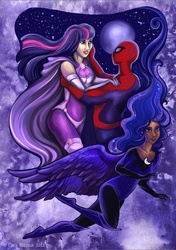 Size: 2472x3507 | Tagged: safe, artist:trollgirl, princess luna, twilight sparkle, human, spiders and magic: rise of spider-mane, g4, amethyst sorceress, crossover, crossover shipping, dark skin, female, humanized, light skin, male, shipping, spider-man, spidertwi, straight, wat, winged humanization