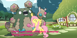 Size: 1259x632 | Tagged: safe, fluttershy, garbodor, g4, pokémon, text