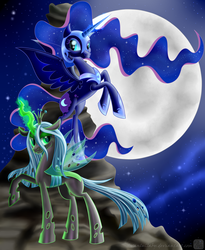 Size: 900x1100 | Tagged: safe, artist:swanlullaby, nightmare moon, queen chrysalis, alicorn, changeling, changeling queen, pony, g4, crown, ethereal mane, female, glowing horn, helmet, horn, jewelry, moon, regalia, transparent wings, wings