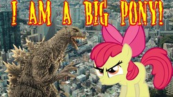 Size: 700x391 | Tagged: safe, apple bloom, kaiju, pony, g4, crossover, giant pony, godzilla, godzilla (series), macro, meme, pouting