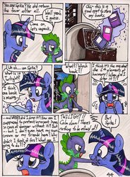 Size: 767x1041 | Tagged: safe, artist:newyorkx3, spike, twilight sparkle, alicorn, dragon, pony, comic:twilight and the big city, g4, book, comic, female, levitation, magic, magic aura, male, mare, telekinesis, traditional art, twilight sparkle (alicorn), twilighting