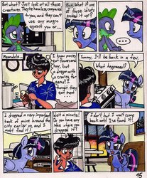 Size: 812x983 | Tagged: safe, artist:newyorkx3, spike, twilight sparkle, oc, oc:tommy, alicorn, human, pony, comic:twilight and the big city, g4, comic, female, mare, non-mlp oc, self insert, traditional art, twilight sparkle (alicorn)