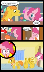 Size: 1568x2560 | Tagged: safe, artist:hapoppo, carrot cake, pinkie pie, g4, caught, comic, disguise, door, surprised, wat