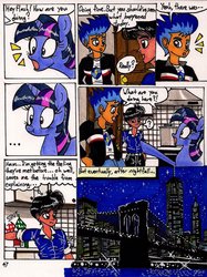 Size: 773x1034 | Tagged: safe, artist:newyorkx3, flash sentry, spike, twilight sparkle, oc, oc:tommy, alicorn, human, pony, comic:twilight and the big city, g4, comic, female, mare, non-mlp oc, scrunchy face, self insert, traditional art, twilight sparkle (alicorn)