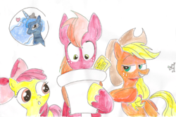 Size: 800x530 | Tagged: safe, artist:foudubulbe, apple bloom, applejack, big macintosh, princess luna, earth pony, pony, g4, elbow, gala ticket, grand galloping gala, grin, heart, letter, male, ship:lunamac, shipping, smiling, speech bubble, stallion, straight, surprised, wide eyes