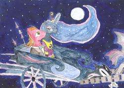Size: 650x459 | Tagged: safe, artist:foudubulbe, big macintosh, princess luna, bat pony, pony, g4, bowtie, chariot, clothes, female, luna's chariot, male, moon, night, night guard, ship:lunamac, shipping, stars, straight, suit