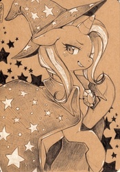 Size: 409x585 | Tagged: safe, artist:mi-eau, trixie, pony, unicorn, g4, cape, clothes, female, hat, mare, monochrome, solo, traditional art, trixie's cape, trixie's hat