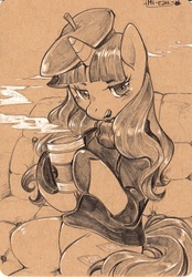 Size: 410x588 | Tagged: safe, artist:mi-eau, rarity, pony, unicorn, g4, beatnik rarity, beret, clothes, coffee, drink, female, hat, mare, monochrome, sitting, solo, traditional art