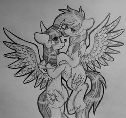 Size: 1024x959 | Tagged: safe, artist:themoonraven, rainbow dash, twilight sparkle, alicorn, pony, g4, blushing, embrace, female, flying, grayscale, heart, lesbian, mare, monochrome, ship:twidash, shipping, spread wings, traditional art, twilight sparkle (alicorn)