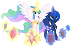 Size: 5000x3315 | Tagged: safe, artist:spier17, princess celestia, princess luna, alicorn, pony, g4, princess twilight sparkle (episode), absurd resolution, angry, crown, duo, duo female, element of generosity, element of honesty, element of kindness, element of laughter, element of loyalty, element of magic, elements of harmony, ethereal mane, female, frown, glowing horn, hoof shoes, horn, jewelry, magic, magic aura, mare, peytral, regalia, royal sisters, saddle bag, simple background, sisters, spread wings, starry mane, telekinesis, transparent background, vector, wings