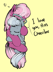 Size: 670x896 | Tagged: source needed, safe, artist:tiki2, artist:xioade, cheerilee, silver spoon, earth pony, pony, g4, cheeribetes, cute, dialogue, foal, silverbetes, snuggling
