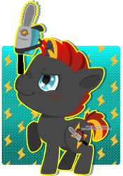 Size: 463x660 | Tagged: safe, artist:miss-glitter, oc, oc only, pony, unicorn, chainsaw, male, solo, stallion