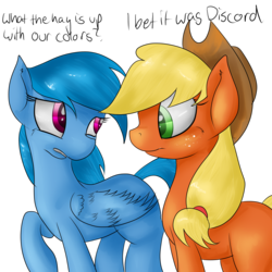 Size: 4000x4000 | Tagged: safe, artist:lisa400, applejack, discord, rainbow dash, g4, dialogue