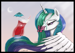 Size: 1024x735 | Tagged: dead source, safe, artist:auroriia, princess celestia, g4, crying, drink, female, solo, umbrella