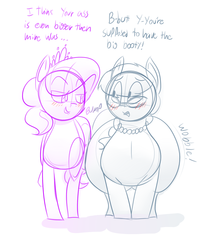 Size: 1000x1200 | Tagged: safe, artist:secretgoombaman12345, diamond tiara, silver spoon, pony, ask chubby diamond, g4, blushing, butt, fat, impossibly large butt, impossibly wide hips, jiggle, plot, sketch, wide hips