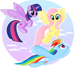 Size: 873x800 | Tagged: safe, artist:ctb-36, fluttershy, rainbow dash, twilight sparkle, alicorn, pony, g4, female, flying, mare, twilight sparkle (alicorn)