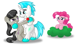 Size: 1588x951 | Tagged: safe, artist:aleximusprime, octavia melody, pinkie pie, oc, oc:cryo, pony, g4, bipedal, canon x oc, cute, dancing, ice, rose, simple background, transparent background