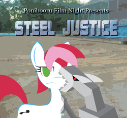 Size: 800x750 | Tagged: safe, artist:daisyhead, oc, oc only, oc:flicker, ponibooru film night, robosaurus, steel justice