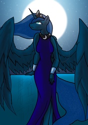 Size: 1240x1748 | Tagged: safe, artist:secretbetweenthewar, princess luna, anthro, g4, clothes, dress, female, moon, night, solo