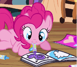 Size: 850x750 | Tagged: safe, screencap, pinkie pie, earth pony, pony, g4, princess twilight sparkle (episode), season 4, animated, coloring, coloring book, crayon, cute, diapinkes, element of laughter, female, grin, mouth hold, prone, smiling, solo