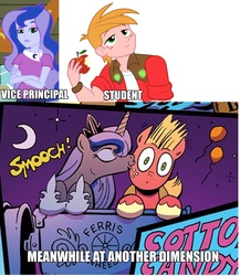 Size: 1408x1624 | Tagged: safe, edit, edited screencap, idw, official comic, screencap, big macintosh, princess luna, vice principal luna, earth pony, pony, equestria girls, g4, spoiler:comic, spoiler:comic10, age difference, apple, cheek kiss, female, food, kissing, male, mare, ship:lunamac, shipping, straight