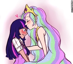 Size: 498x439 | Tagged: safe, artist:dashyice, princess celestia, twilight sparkle, human, g4, blushing, duo, female, humanized, kissing, lesbian, light skin, moderate dark skin, ship:twilestia, shipping