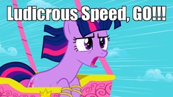 Size: 960x540 | Tagged: safe, twilight sparkle, pony, unicorn, g4, my little pony: friendship is magic, the return of harmony, balloon, caption, horn, ludicrous speed, meme, spaceballs the tag