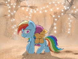 Size: 2048x1536 | Tagged: safe, artist:fuzzyfox11, rainbow dash, scootaloo, pegasus, pony, g4, duo, eyes closed, ponies riding ponies, riding, scootaloo riding rainbow dash, scootalove, snow, snowfall