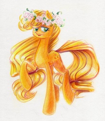 Size: 1000x1146 | Tagged: safe, artist:maytee, applejack, g4, female, floral head wreath, flower, raised hoof, solo, traditional art