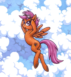 Size: 591x641 | Tagged: safe, artist:choedan-kal, scootaloo, g4, female, flying, goggles, older, scootaloo can fly, solo, traditional art