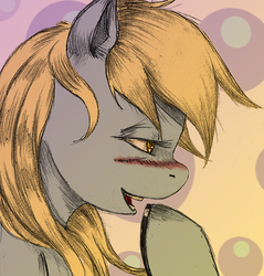 Size: 535x560 | Tagged: safe, artist:derp-my-life, derpy hooves, pegasus, pony, g4, bedroom eyes, blushing, cutie mark, female, laughing, mare, mixed media, raised hoof, solo