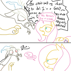 Size: 845x848 | Tagged: safe, artist:weaver, discord, fluttershy, draconequus, pegasus, pony, g4, assertive fluttershy, comic, dessert, dialogue, female, fluttermom, food, interrupted, looking at each other, male, mare, open mouth, simple background, weaver you magnificent bastard, white background