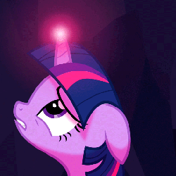 Size: 525x525 | Tagged: safe, screencap, twilight sparkle, pony, a canterlot wedding, g4, animated, bust, cropped, crystal caverns, female, floppy ears, glowing horn, horn, light spell, magic, solo