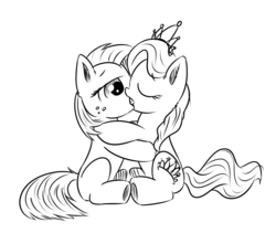 Size: 800x676 | Tagged: safe, artist:xioade, babs seed, diamond tiara, earth pony, pony, g4, babstiara, female, filly, foal, french kiss, hug, kiss on the lips, kissing, lesbian, monochrome, sketch