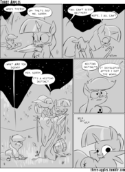 Size: 944x1294 | Tagged: safe, artist:capnpea, applejack, twilight sparkle, alicorn, earth pony, pony, comic:three apples, g4, behaving like a bird, black and white, bucket, comic, derp, dialogue, duo, duo female, female, frown, furry reminder, grass, grayscale, mare, monochrome, mouth hold, nest, nesting instinct, notepad, preening, prone, speech bubble, spread wings, tent, tree, twilight sparkle (alicorn), umbrella, wide eyes, y'all