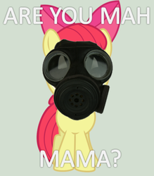 Size: 400x456 | Tagged: safe, artist:bronybyexception, apple bloom, earth pony, pony, g4, doctor who, female, filly, gas mask, harsher in hindsight, implications, meme, ponified, ponified meme, simple background, solo, the empty child, the implications are horrible