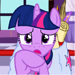 Size: 540x540 | Tagged: safe, screencap, twilight sparkle, pony, g4, the crystal empire, adorkable, animated, cropped, cute, dork, female, frown, grin, looking at you, nervous, raised hoof, saddle bag, scroll, smiling, solo, thinking, wide eyes
