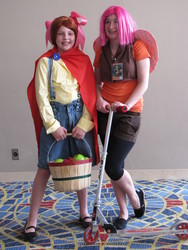 Size: 2736x3648 | Tagged: artist needed, safe, artist:raeraecosplay, apple bloom, scootaloo, human, g4, cape, clothes, convention, cosplay, irl, irl human, momocon, momocon 2012, overalls, photo, scooter, target demographic