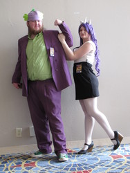 Size: 2736x3648 | Tagged: safe, artist:squibbers, rarity, spike, human, g4, clothes, cosplay, high heels, irl, irl human, mary janes, momocon, momocon 2012, pantyhose, photo, shoes, skirt, suit, tube skirt