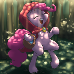 Size: 1000x1000 | Tagged: safe, artist:draneas, pinkie pie, earth pony, pony, g4, basket, bipedal, brooch, cape, cloak, clothes, crepuscular rays, crossover, cute, female, forest, hood, jewelry, little red riding hood, pixiv, solo