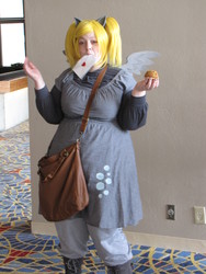 Size: 2736x3648 | Tagged: artist needed, safe, derpy hooves, human, g4, bag, convention, cosplay, food, irl, irl human, letter, mail, momocon, momocon 2012, mouth hold, muffin, photo, solo