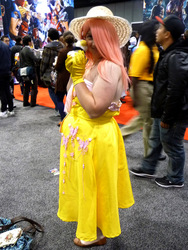 Size: 768x1024 | Tagged: artist needed, safe, fluttershy, human, g4, clothes, convention, cosplay, gloves, hat, irl, irl human, photo, wondercon, wondercon 2012