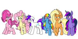 Size: 1024x512 | Tagged: safe, artist:annacurser, applejack, fluttershy, pinkie pie, rainbow dash, rarity, twilight sparkle, alicorn, pony, g4, alternate hairstyle, crying, ear fluff, female, floppy ears, frown, happy, hilarious in hindsight, mane six, mane swap, manebow sparkle, mare, open mouth, raised hoof, simple background, standing, transparent background, twilight sparkle (alicorn)