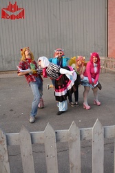 Size: 2848x4272 | Tagged: safe, artist:amuzani, artist:ayumicosplay, big macintosh, fluttershy, photo finish, pinkie pie, rainbow dash, human, g4, cosplay, fence, irl, irl human, photo, play! 2012, rule 63