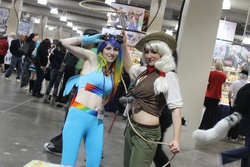 Size: 4272x2848 | Tagged: safe, artist:tweetnbirdy, applejack, rainbow dash, human, g4, anime boston, belly button, convention, cosplay, irl, irl human, lasso, midriff, photo, rope