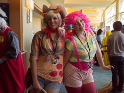 Size: 2000x1500 | Tagged: artist needed, safe, applejack, pinkie pie, human, g4, anime matsuri, anime matsuri 2012, bandana, basket, clothes, convention, cosplay, irl, irl human, photo, shorts, suspenders