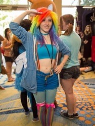 Size: 1500x2000 | Tagged: artist needed, safe, rainbow dash, human, g4, anime matsuri, anime matsuri 2012, belly button, convention, cosplay, irl, irl human, midriff, photo, suspenders