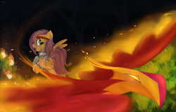 Size: 1696x1080 | Tagged: safe, artist:mattatatta, fluttershy, philomena, phoenix, survivor shy, g4, clothes, fanfic, fire, forest, headband, injured, jacket, looking back, messy mane, open mouth, rearing